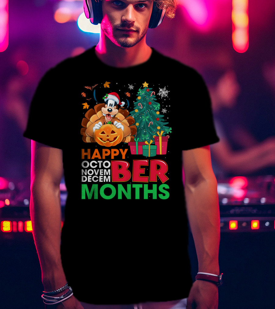 Happy Octo Novem Decem Ber Months Goofy Pumpkin Christmas Tree T-Shirt