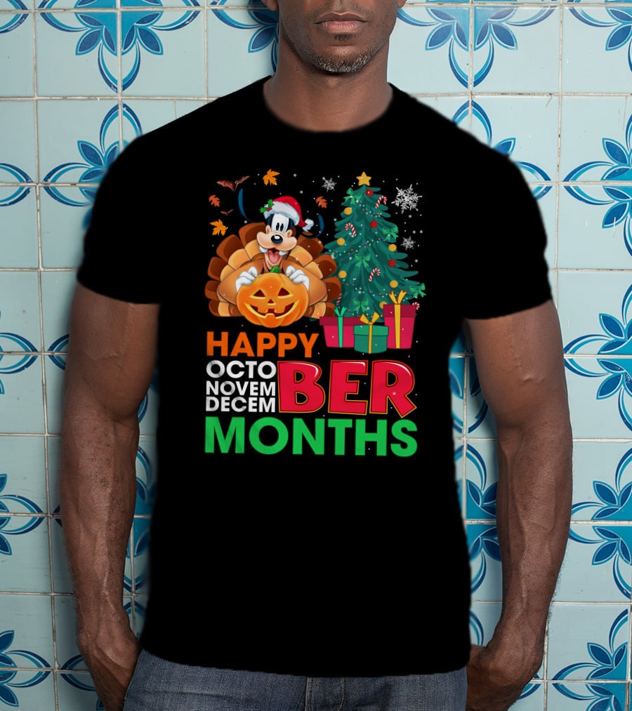 Happy Octo Novem Decem Ber Months Goofy Pumpkin Christmas Tree T-Shirt