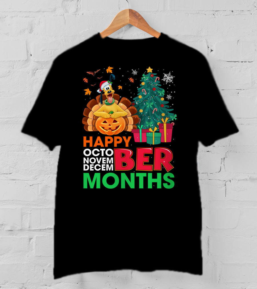 Happy Octo Novem Decem Ber Months Pluto Turkey Pumpkin Christmas Tree Presents T-Shirt