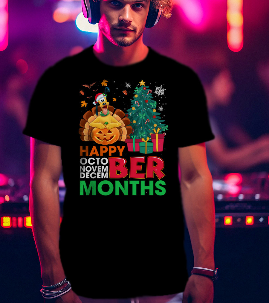 Happy Octo Novem Decem Ber Months Pluto Turkey Pumpkin Christmas Tree Presents T-Shirt