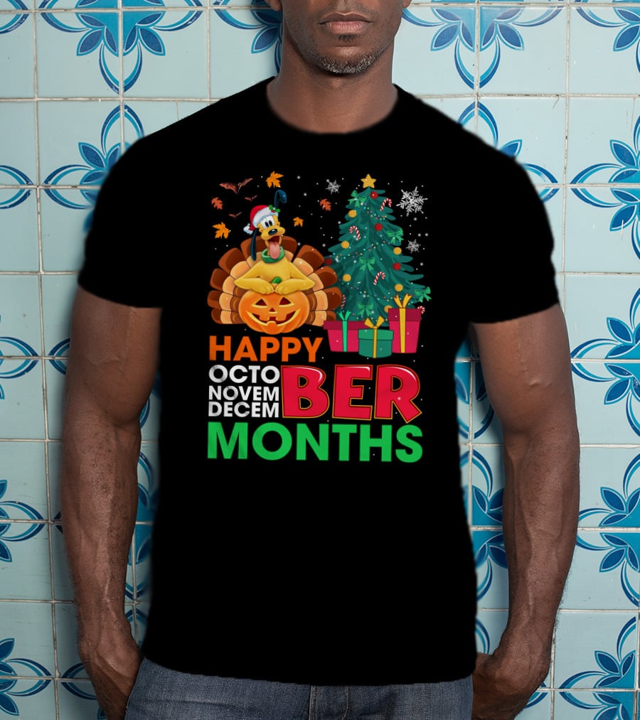 Happy Octo Novem Decem Ber Months Pluto Turkey Pumpkin Christmas Tree Presents T-Shirt