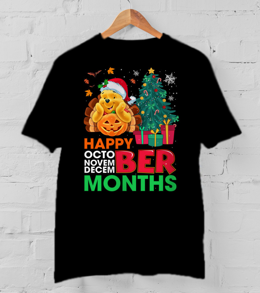 Happy Octo Novem Decem Ber Months Pooh Santa Hat Pumpkin Christmas Tree Gifts Snowflakes T-Shirt