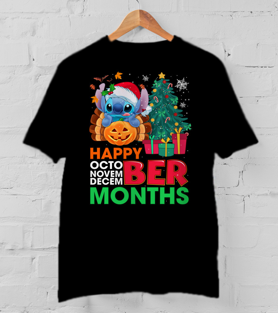 Happy Octo Novem Decem Ber Months Stitch Santa Hat Turkey Pumpkin Christmas Tree Presents T-Shirt