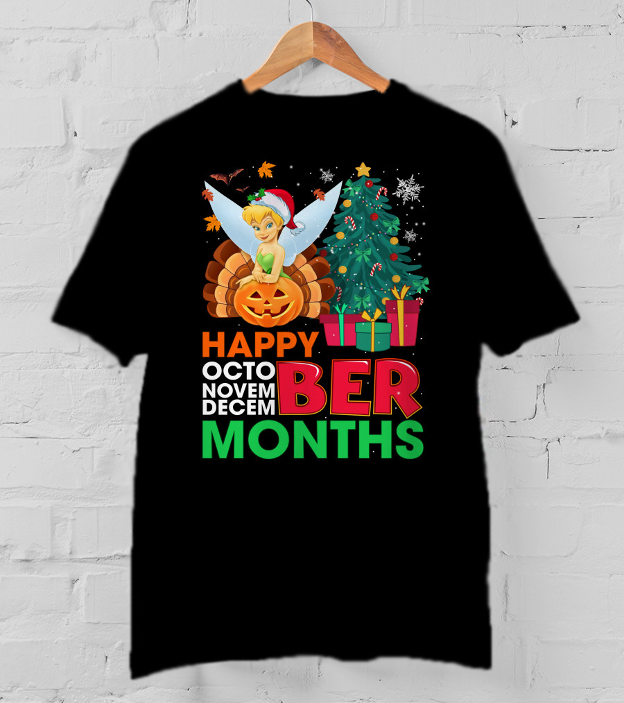 Happy Octo Novem Decem Ber Months Tinker Bell Christmas Tree Thanksgiving Pumpkin Santa Hat T-Shirt