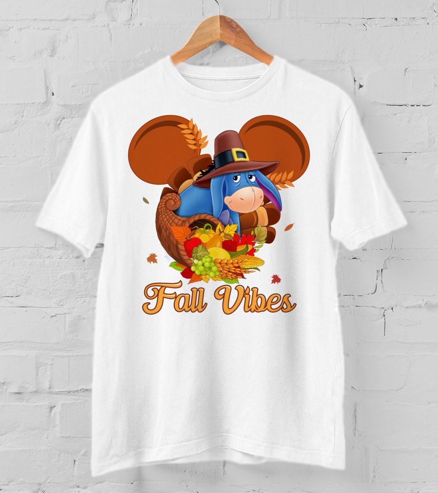 Eeyore Fall Vibes Cornucopia With Pilgrim Hat And Autumn Leaves T-Shirt