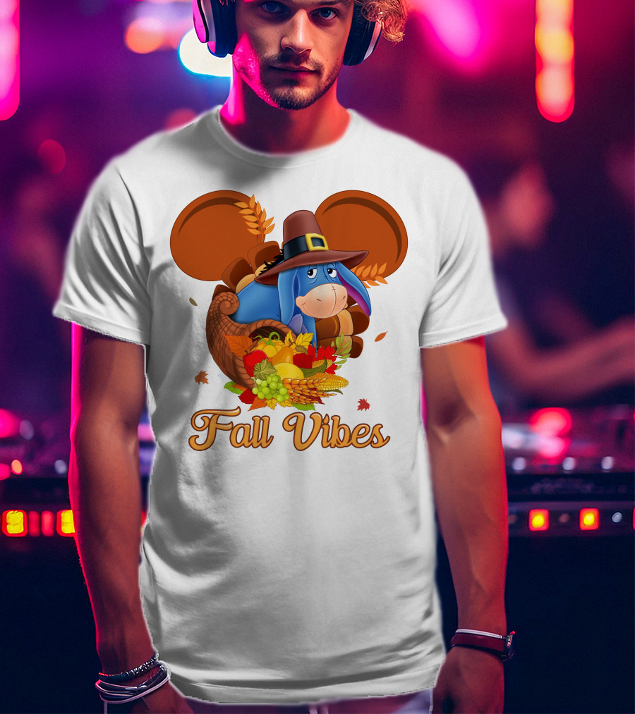 Eeyore Fall Vibes Cornucopia With Pilgrim Hat And Autumn Leaves T-Shirt