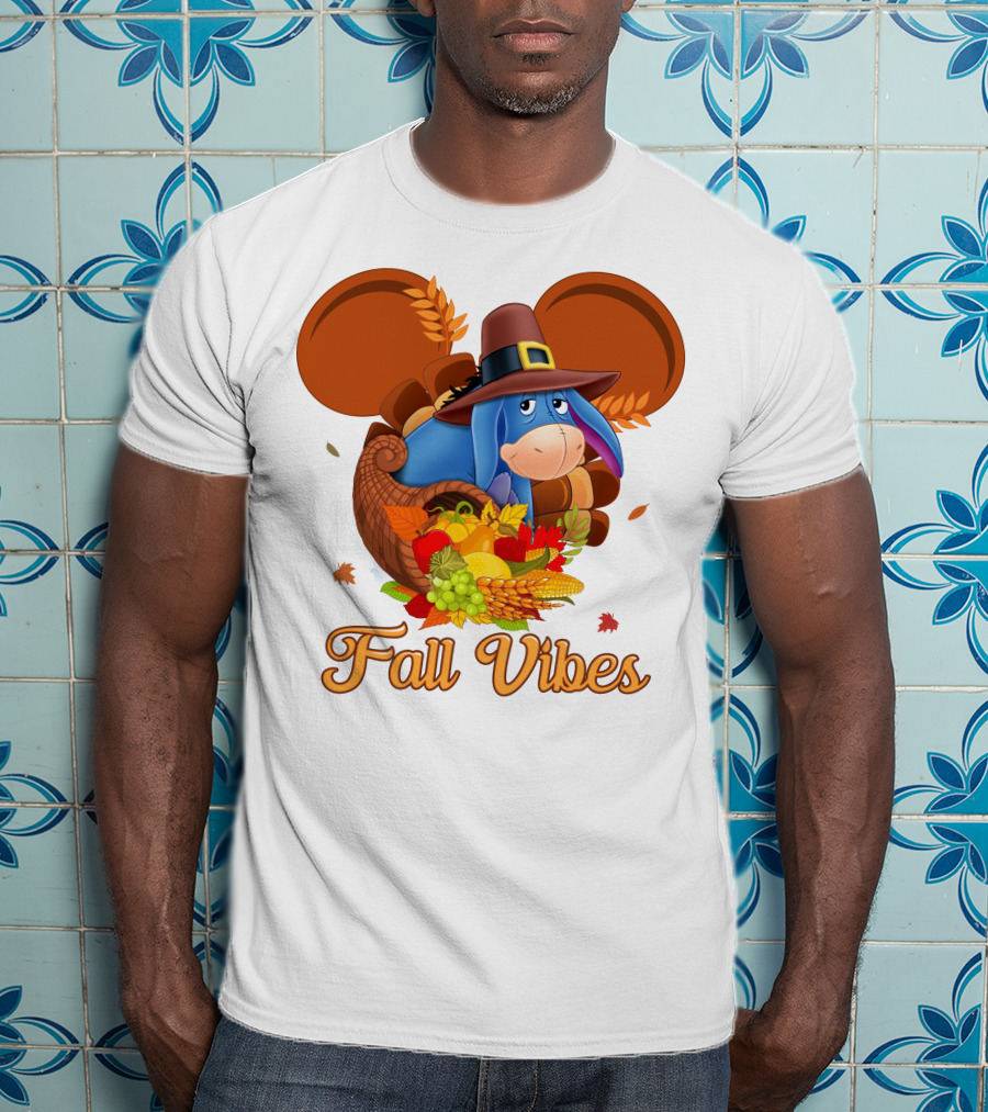Eeyore Fall Vibes Cornucopia With Pilgrim Hat And Autumn Leaves T-Shirt