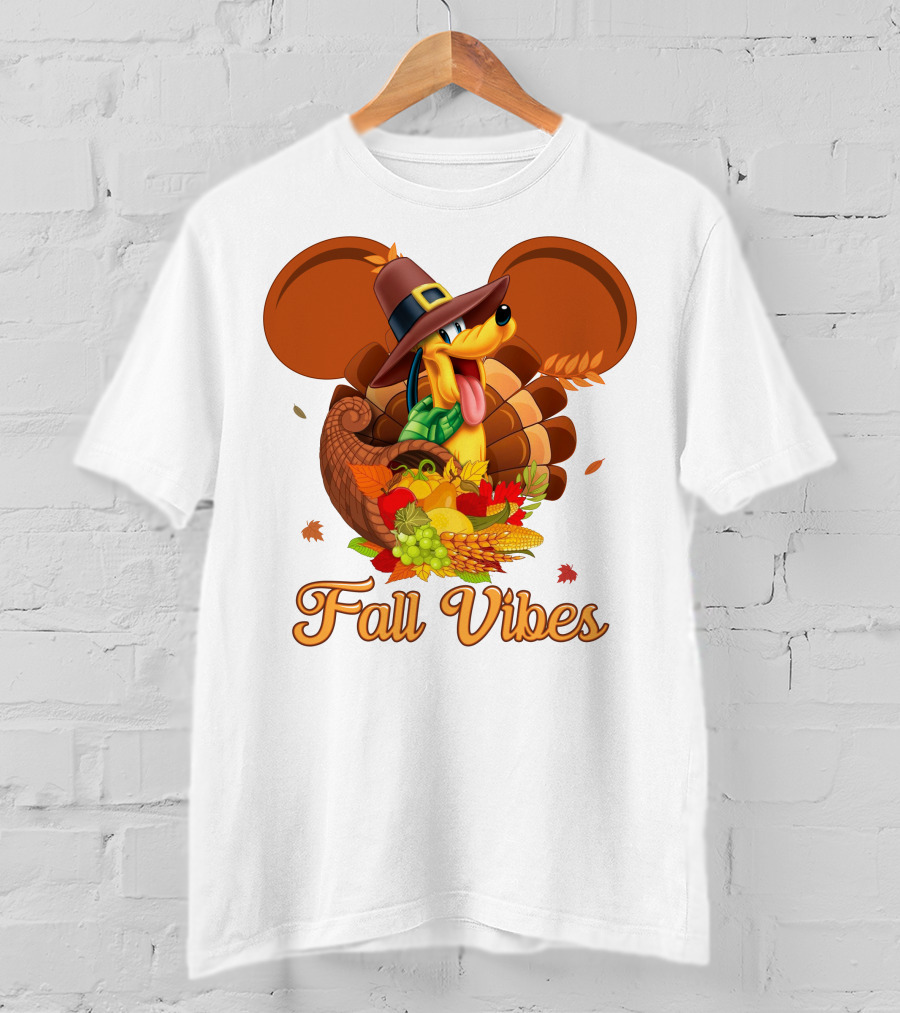 Pluto Fall Vibes Thanksgiving Cornucopia And Autumn Leaves T-Shirt