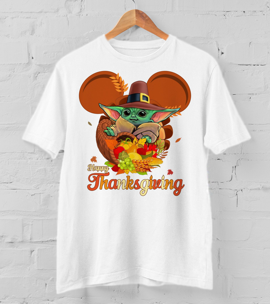 Happy Thanksgiving Baby Yoda Cornucopia With Pilgrim Hat T-Shirt