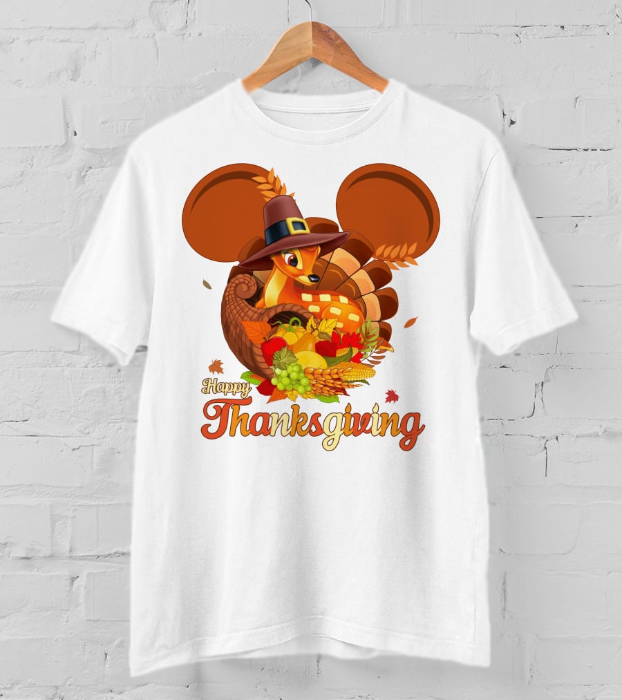 Happy Thanksgiving Bambi In Pilgrim Hat With Cornucopia And Mickey Ears T-Shirt