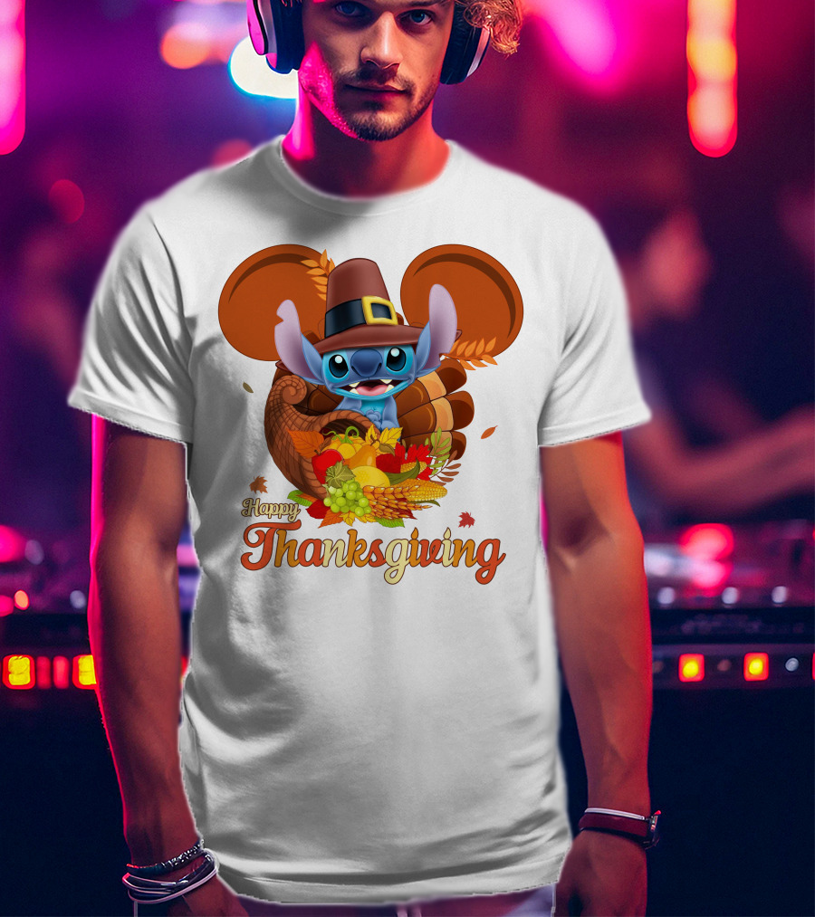 Stitch Happy Thanksgiving Cornucopia Pilgrim Hat T-Shirt