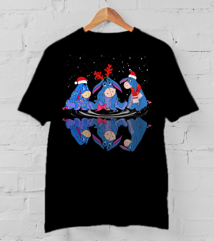 Eeyore Christmas Reflections With Santa Hats And Reindeer Antlers T-Shirt