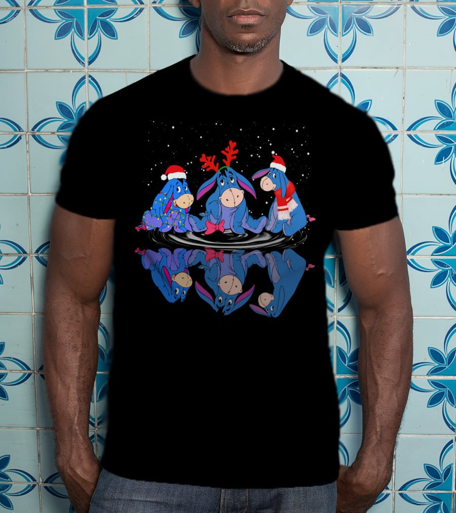 Eeyore Christmas Reflections With Santa Hats And Reindeer Antlers T-Shirt