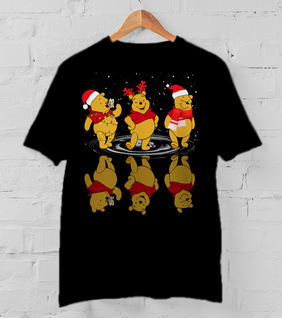 Winnie The Pooh Christmas Reflections In Holiday Hats And Scarves With Snowflakes T-Shirt