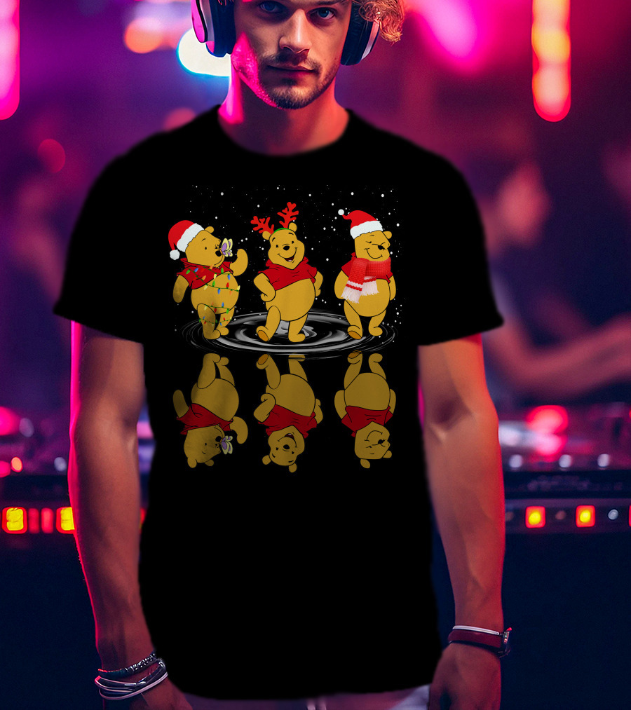 Winnie The Pooh Christmas Reflections In Holiday Hats And Scarves With Snowflakes T-Shirt