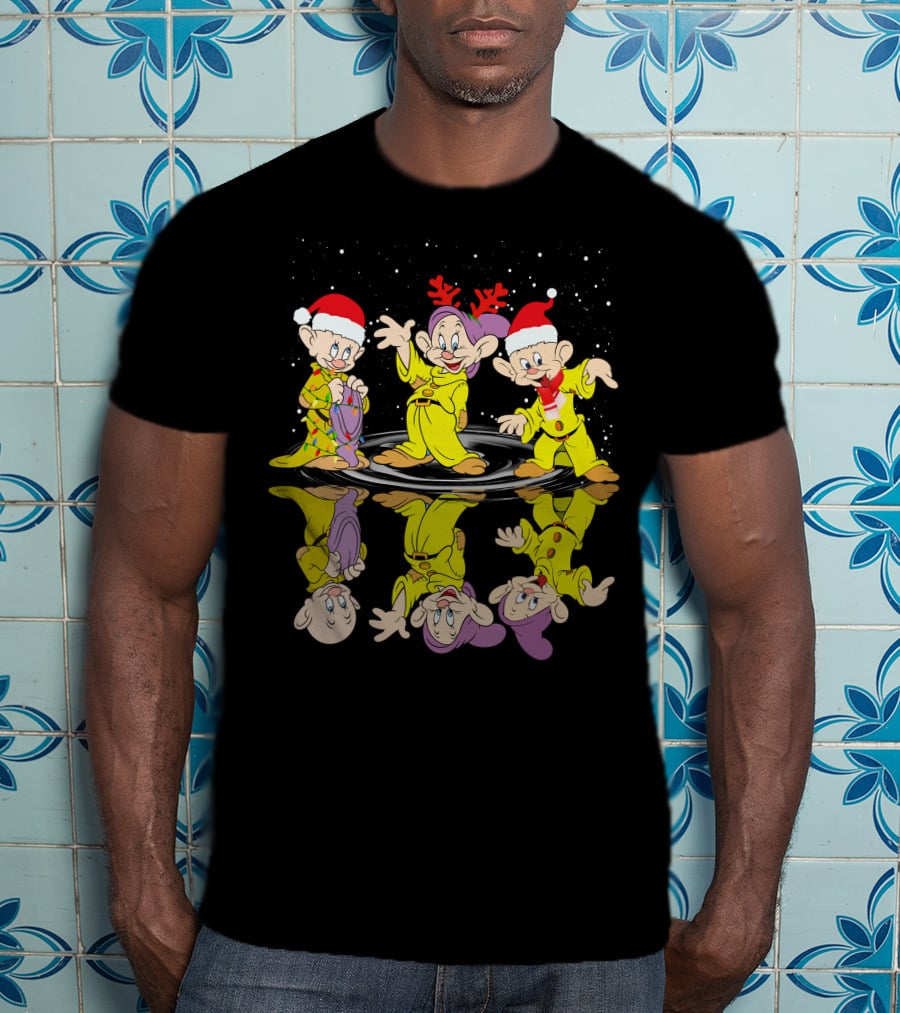 Dopey Christmas Reflections With Santa Hats And Reindeer Antlers T-Shirt