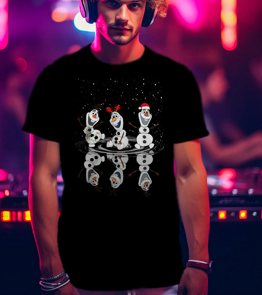 Olaf Christmas Reflections With Holiday Lights And Santa Hat T-Shirt