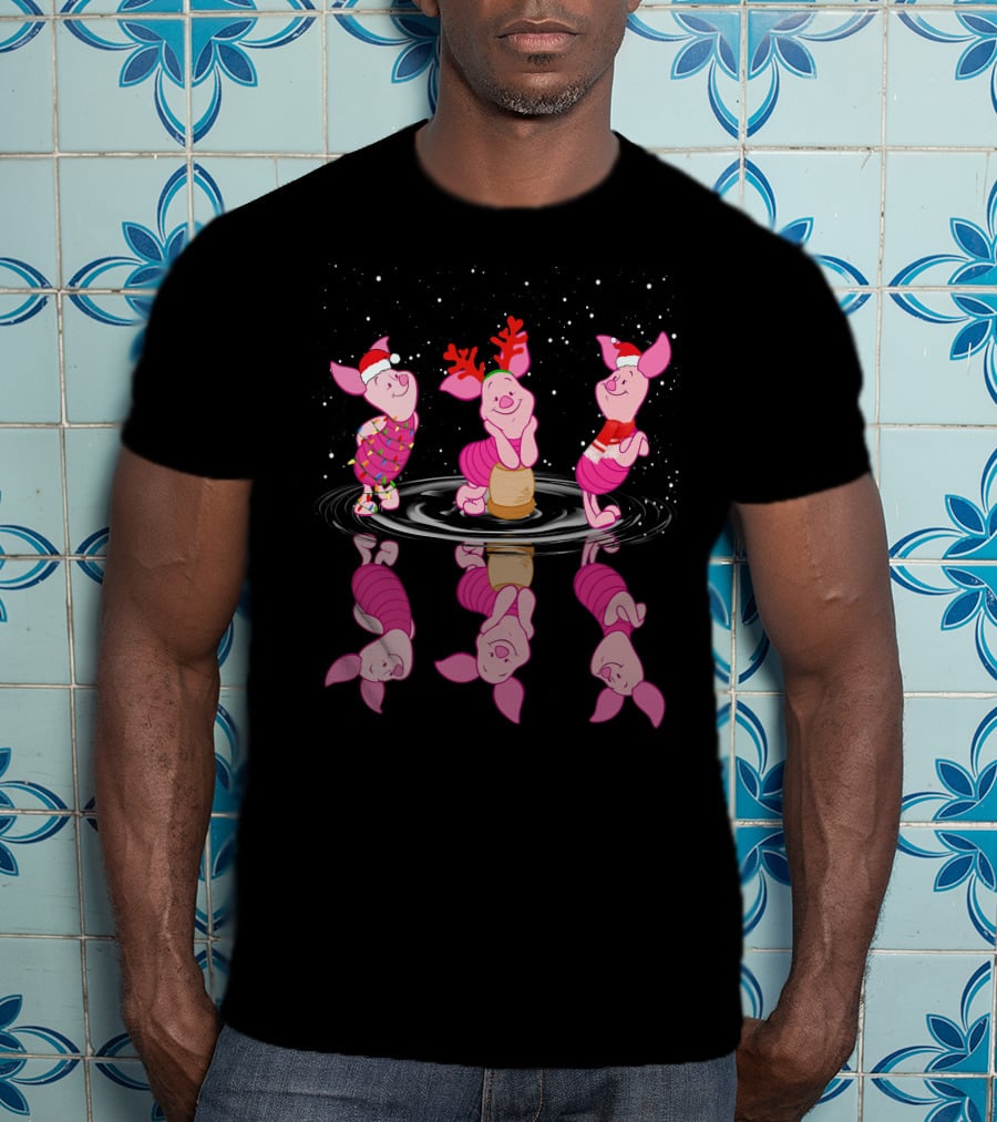 Piglet Christmas Festive Reflections With Santa Hats And Reindeer Antlers T-Shirt