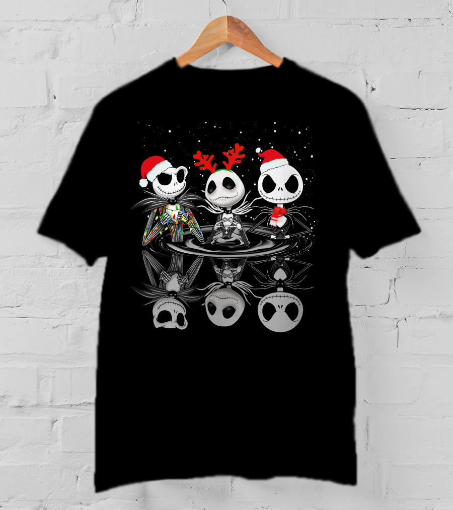 Jack Skellington Christmas Trio Santa Hats And Antlers Snow Scene T-Shirt