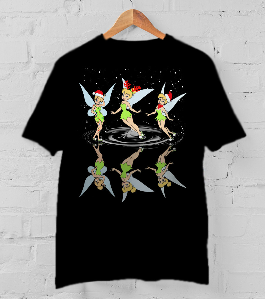 Tinkerbell Christmas Reflections Santa Hat And Antlers Holiday Theme T-Shirt