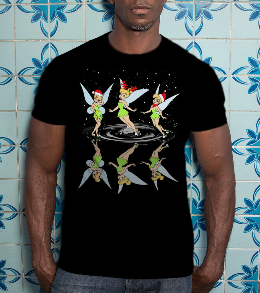 Tinkerbell Christmas Reflections Santa Hat And Antlers Holiday Theme T-Shirt