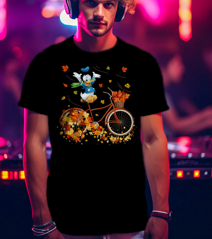 Donald Duck Autumn Bicycle Adventure With Falling Leaves T-Shirt