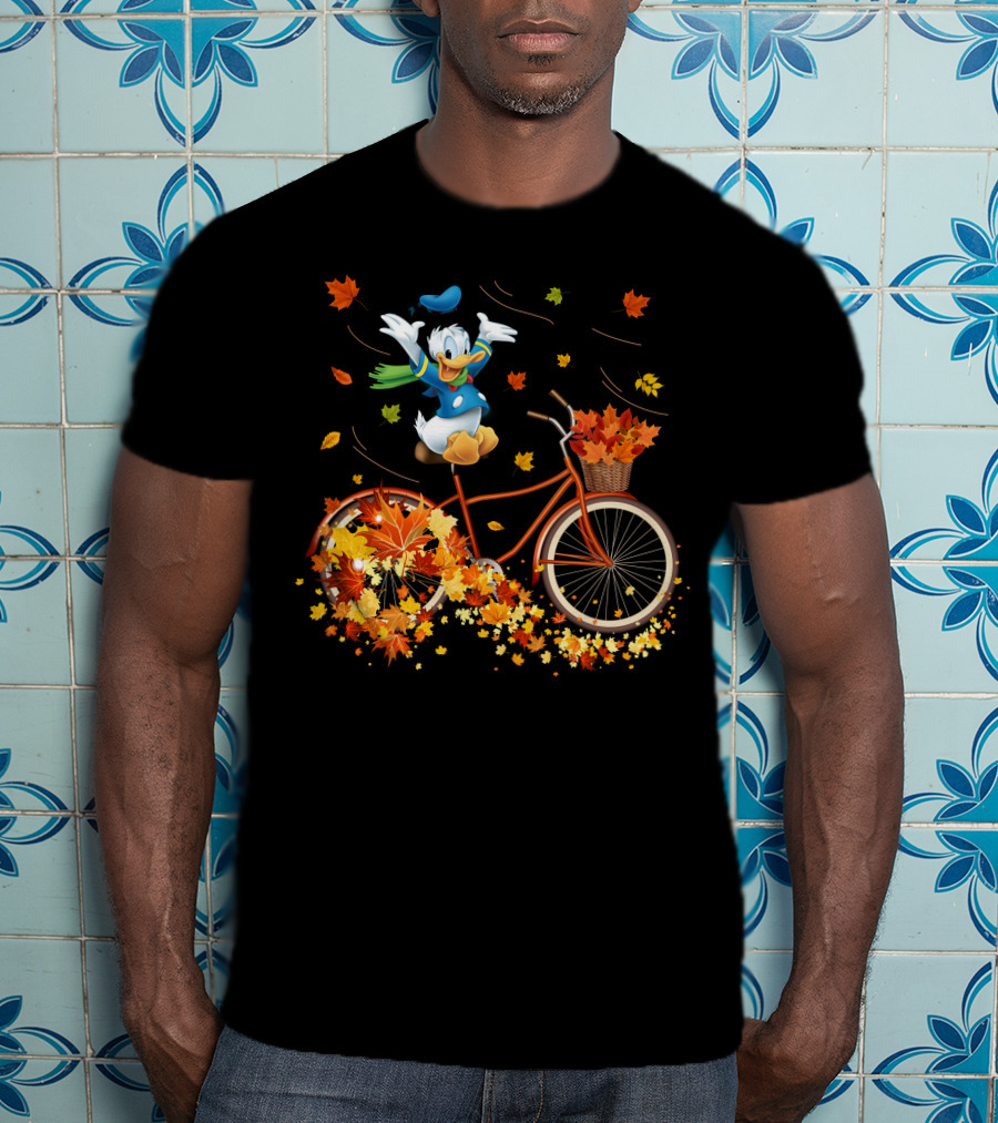 Donald Duck Autumn Bicycle Adventure With Falling Leaves T-Shirt