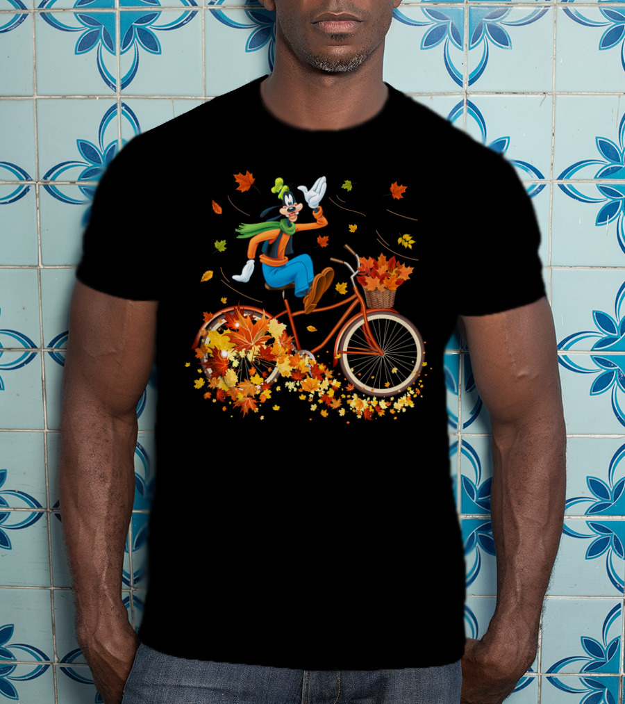 Goofy Autumn Bicycle Ride With Falling Leaves T-Shirt
