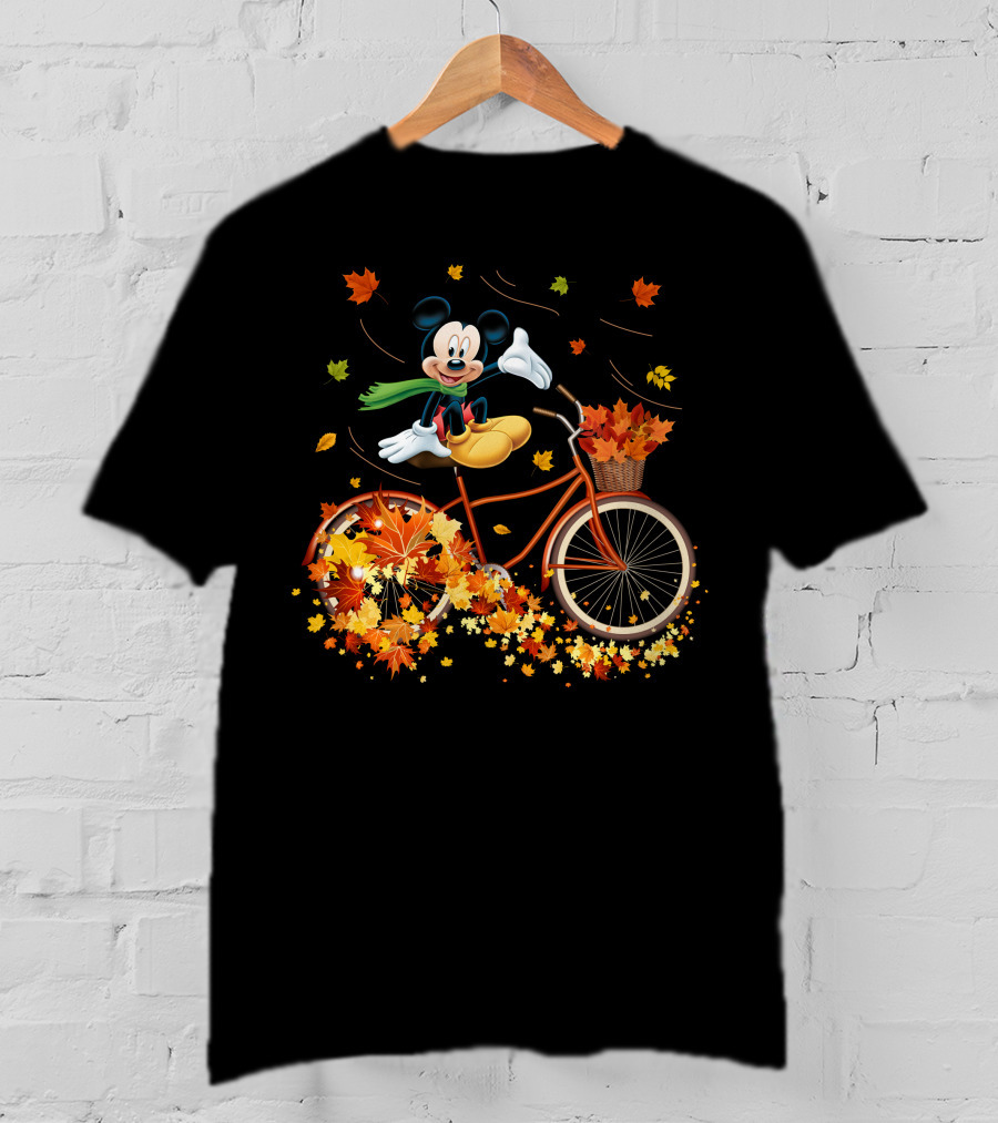 Mickey Mouse Autumn Leaves Bicycle Ride With Basket T-Shirt