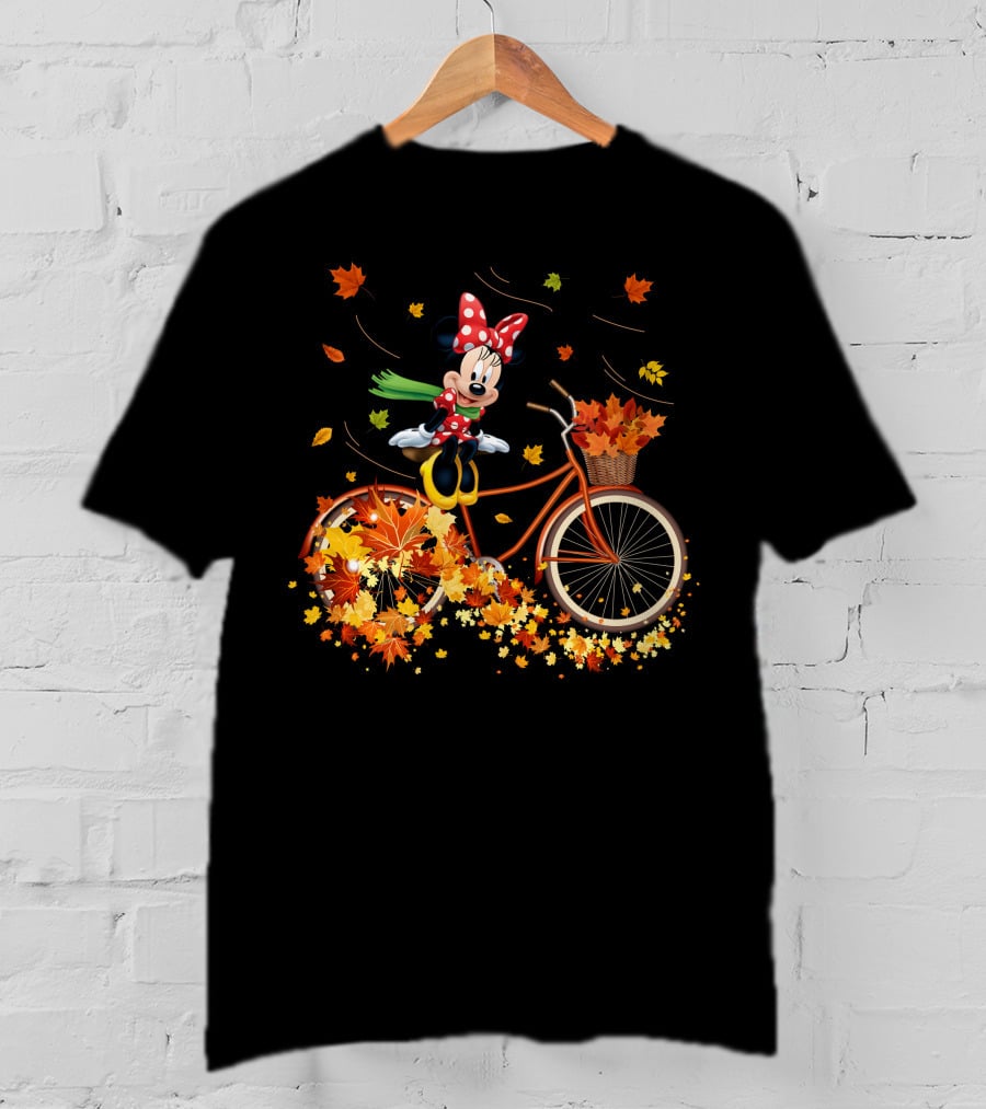 Minnie Mouse Autumn Bicycle Ride With Falling Leaves T-Shirt