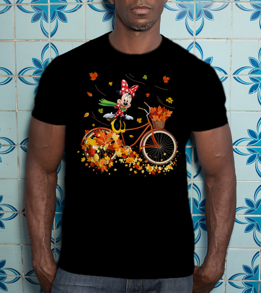 Minnie Mouse Autumn Bicycle Ride With Falling Leaves T-Shirt