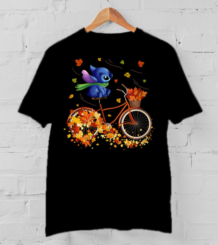 Stitch Autumn Bicycle Ride With Falling Leaves T-Shirt