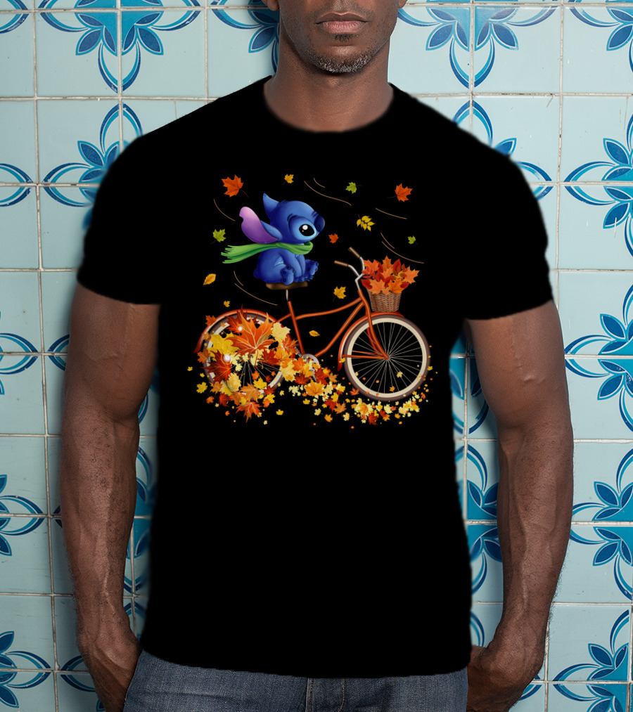 Stitch Autumn Bicycle Ride With Falling Leaves T-Shirt