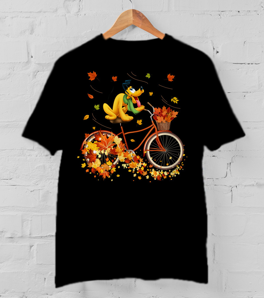 Pluto Autumn Bicycle Adventure With Falling Leaves T-Shirt