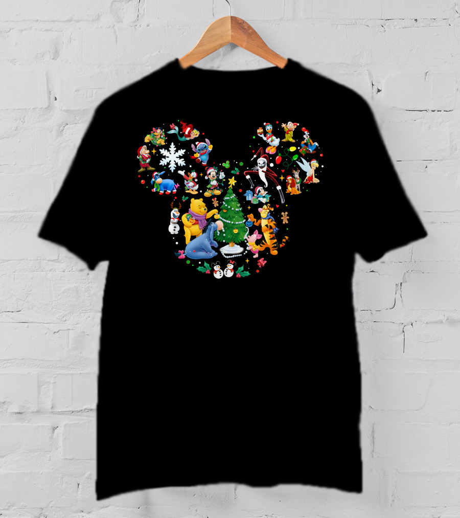 Disney Christmas Mickey Mouse Winnie The Pooh Tigger Stitch Olaf Jack Skellington Tinker Bell Ensemble T-Shirt
