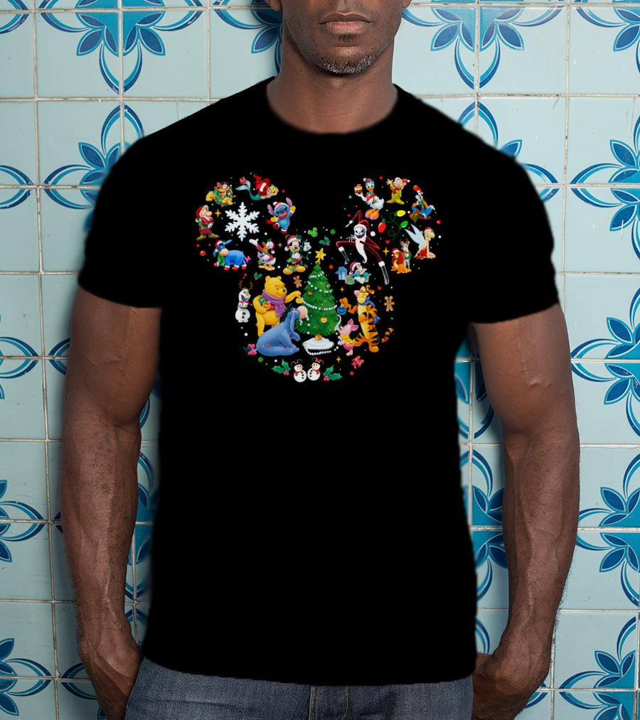Disney Christmas Mickey Mouse Winnie The Pooh Tigger Stitch Olaf Jack Skellington Tinker Bell Ensemble T-Shirt