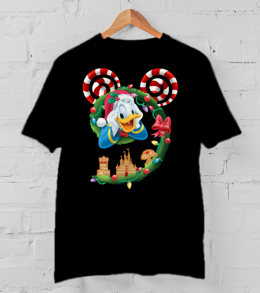 Donald Duck Christmas Wreath With Candy Cane Mickey Ears And Gingerbread Castle T-Shirt