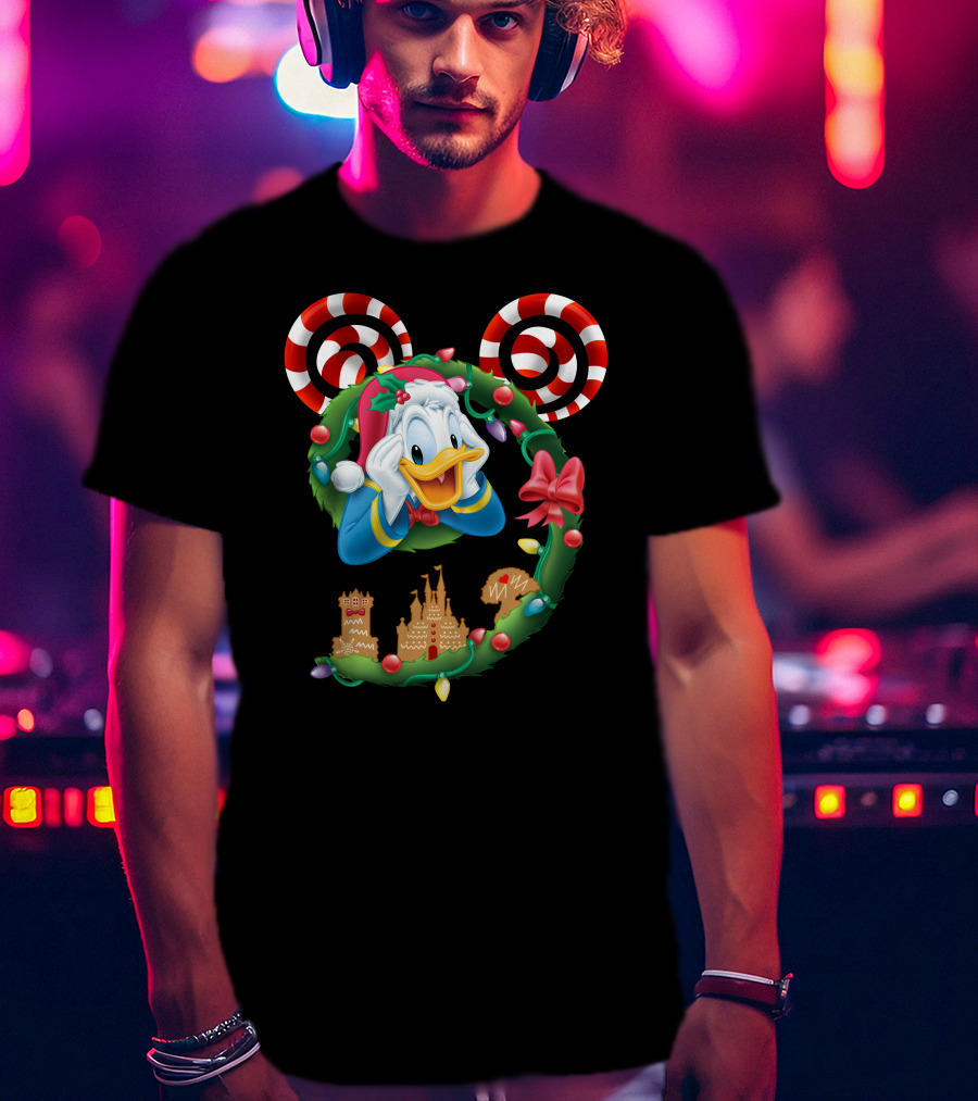 Donald Duck Christmas Wreath With Candy Cane Mickey Ears And Gingerbread Castle T-Shirt