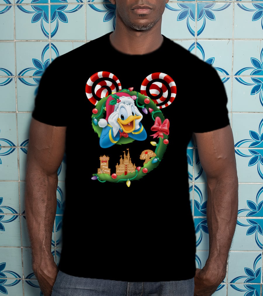 Donald Duck Christmas Wreath With Candy Cane Mickey Ears And Gingerbread Castle T-Shirt