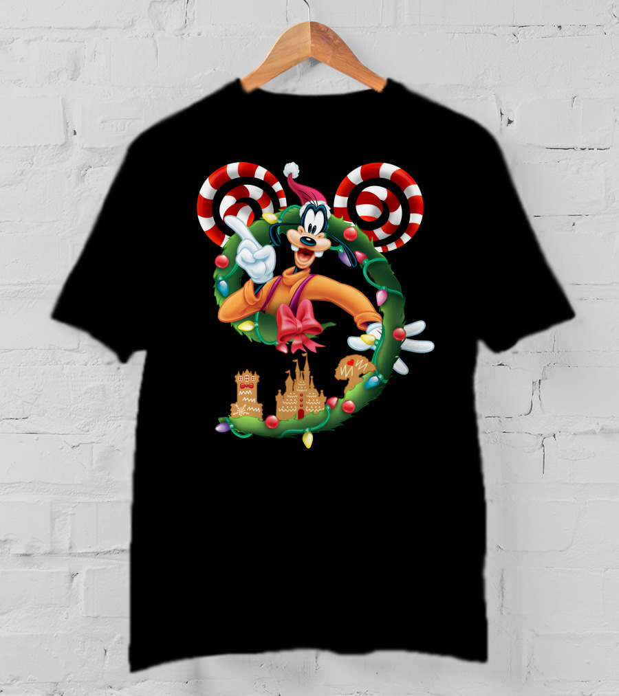 Goofy Christmas Wreath With Candy Canes And Gingerbread Castles T-Shirt