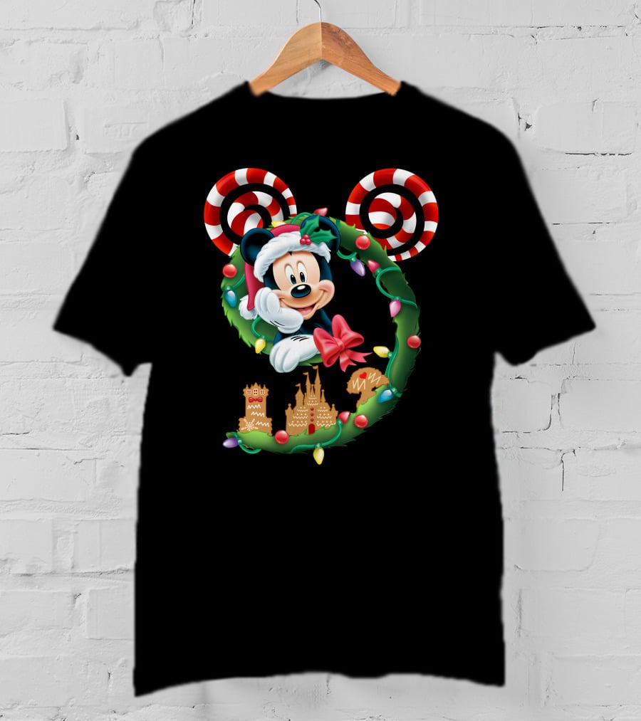 Mickey Mouse Christmas Holiday Wreath Candy Cane Ear Gingerbread House T-Shirt