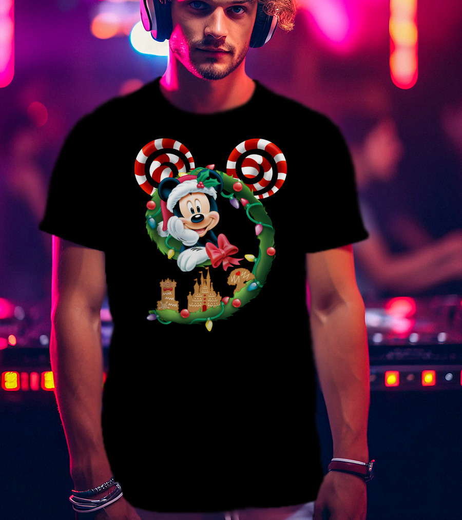 Mickey Mouse Christmas Holiday Wreath Candy Cane Ear Gingerbread House T-Shirt