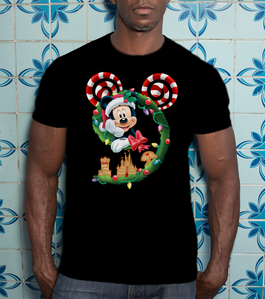 Mickey Mouse Christmas Holiday Wreath Candy Cane Ear Gingerbread House T-Shirt