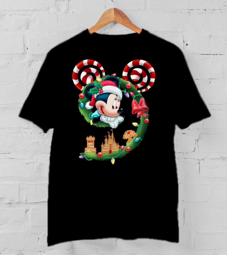Minnie Mouse Christmas Wreath Candy Cane Ears Holiday Castle Lights T-Shirt