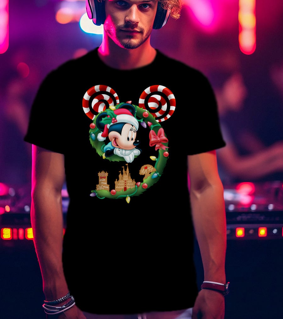 Minnie Mouse Christmas Wreath Candy Cane Ears Holiday Castle Lights T-Shirt