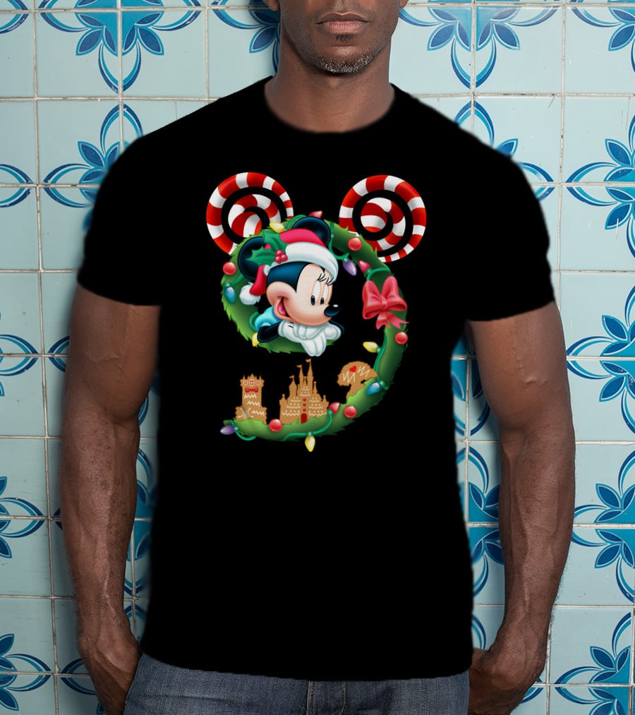 Minnie Mouse Christmas Wreath Candy Cane Ears Holiday Castle Lights T-Shirt