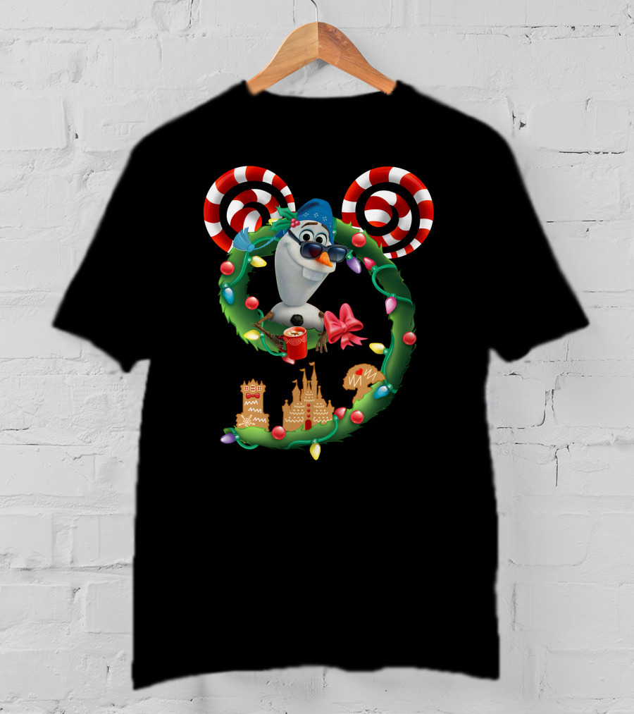 Olaf Holiday Wreath With Candy Cane Ears And Gingerbread Castles T-Shirt