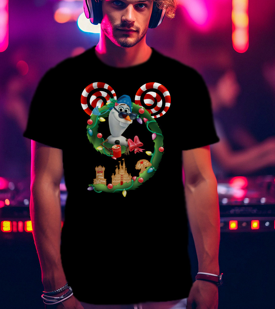 Olaf Holiday Wreath With Candy Cane Ears And Gingerbread Castles T-Shirt