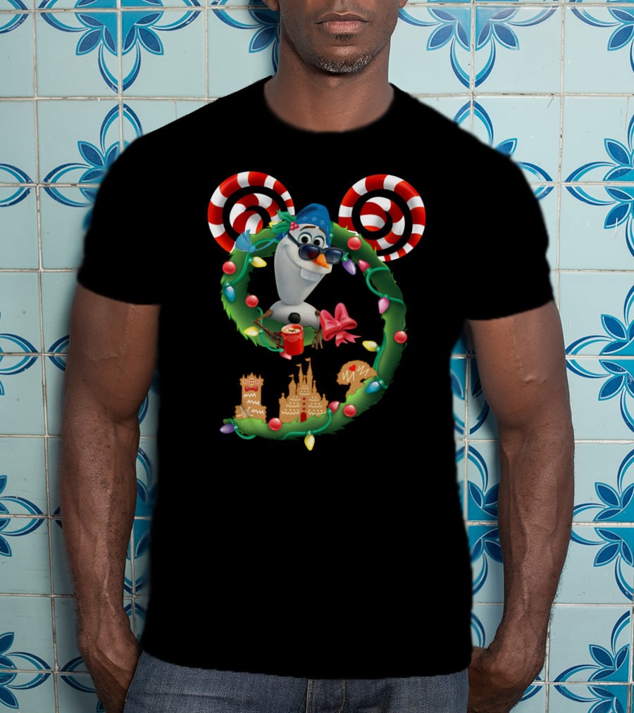 Olaf Holiday Wreath With Candy Cane Ears And Gingerbread Castles T-Shirt
