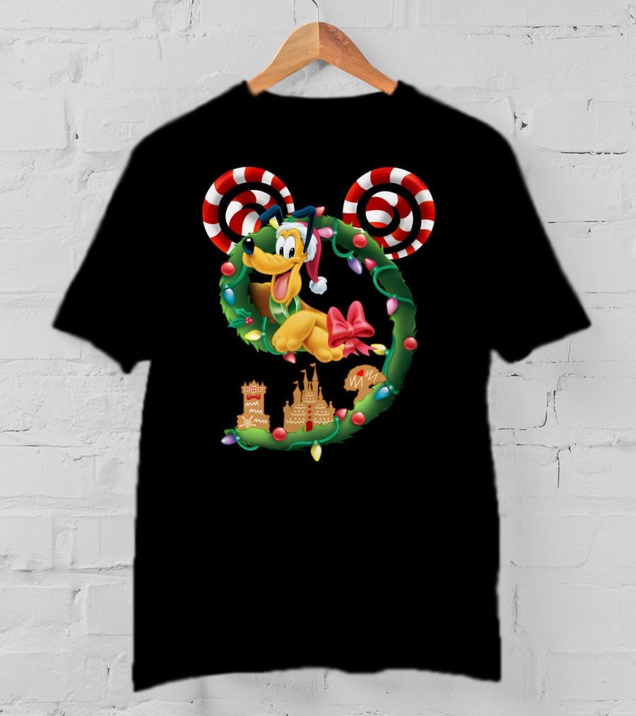Pluto Holiday Wreath With Candy Canes And Gingerbread Castle T-Shirt